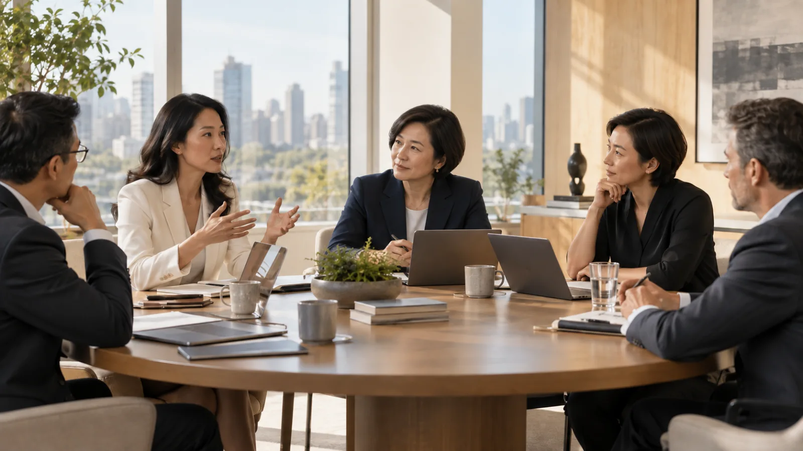 Founders and advisors in discussion around a round table